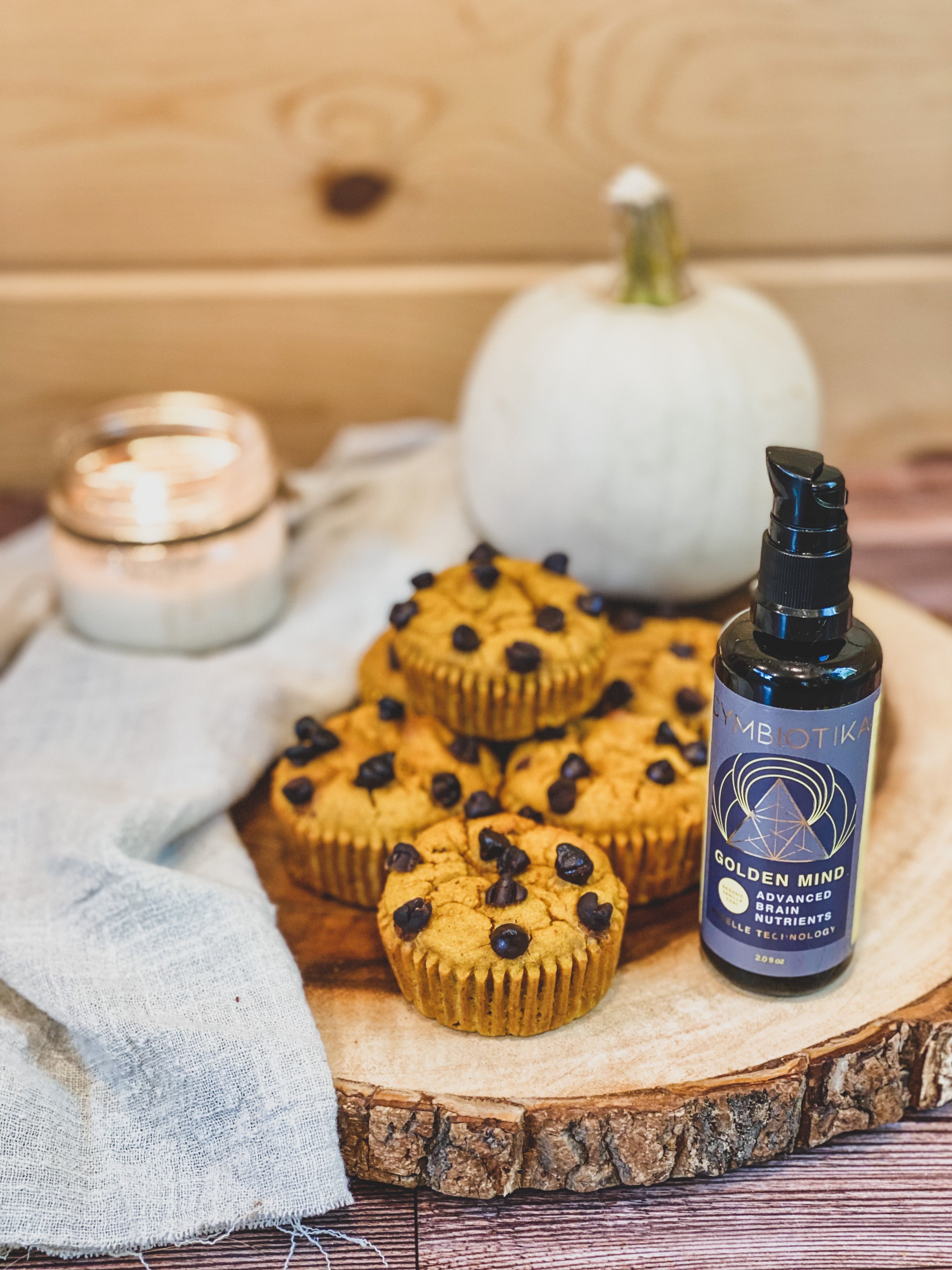 Pumpkin Chocolate Chip Muffins with Golden Mind